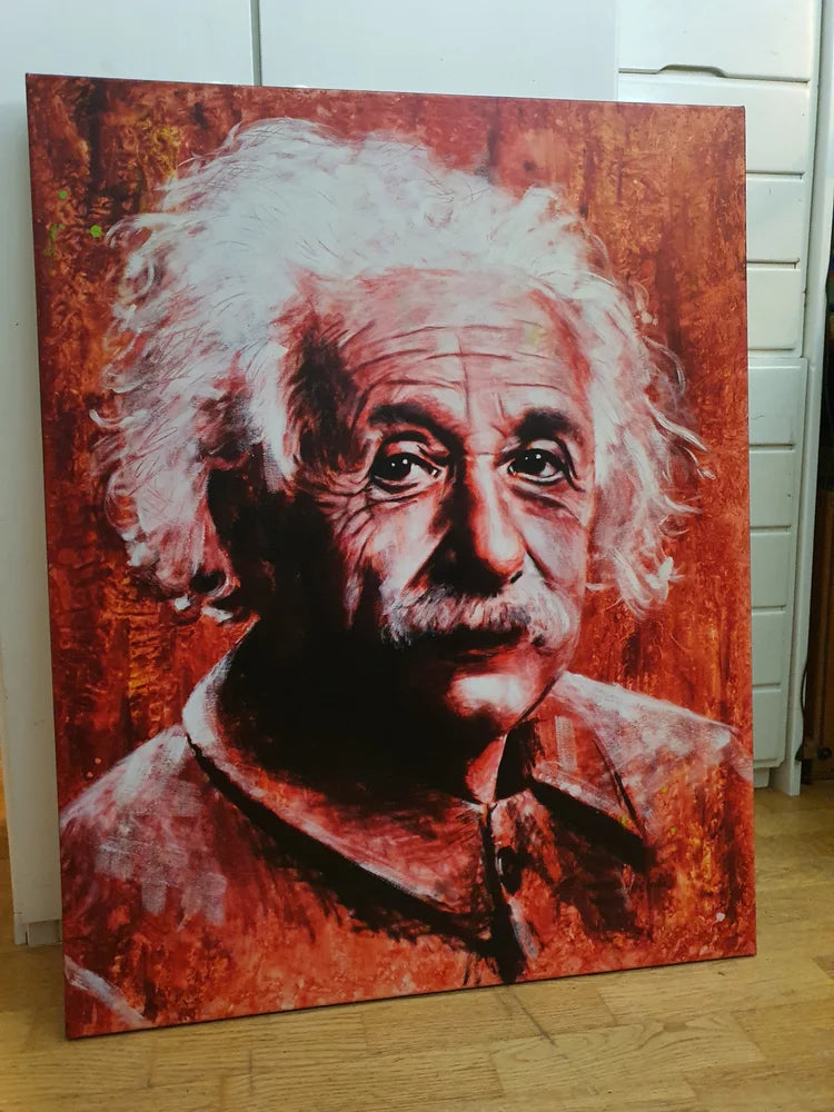 Albert Einstein, hand embellished canvas print by Marit Spilde, 75x95 cm