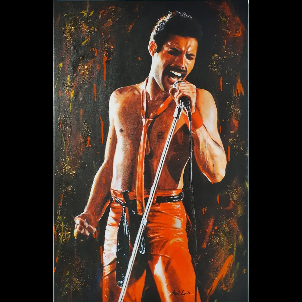 Freddie Mercury. Håndkolorert trykk på lerret. 55x85 cm.