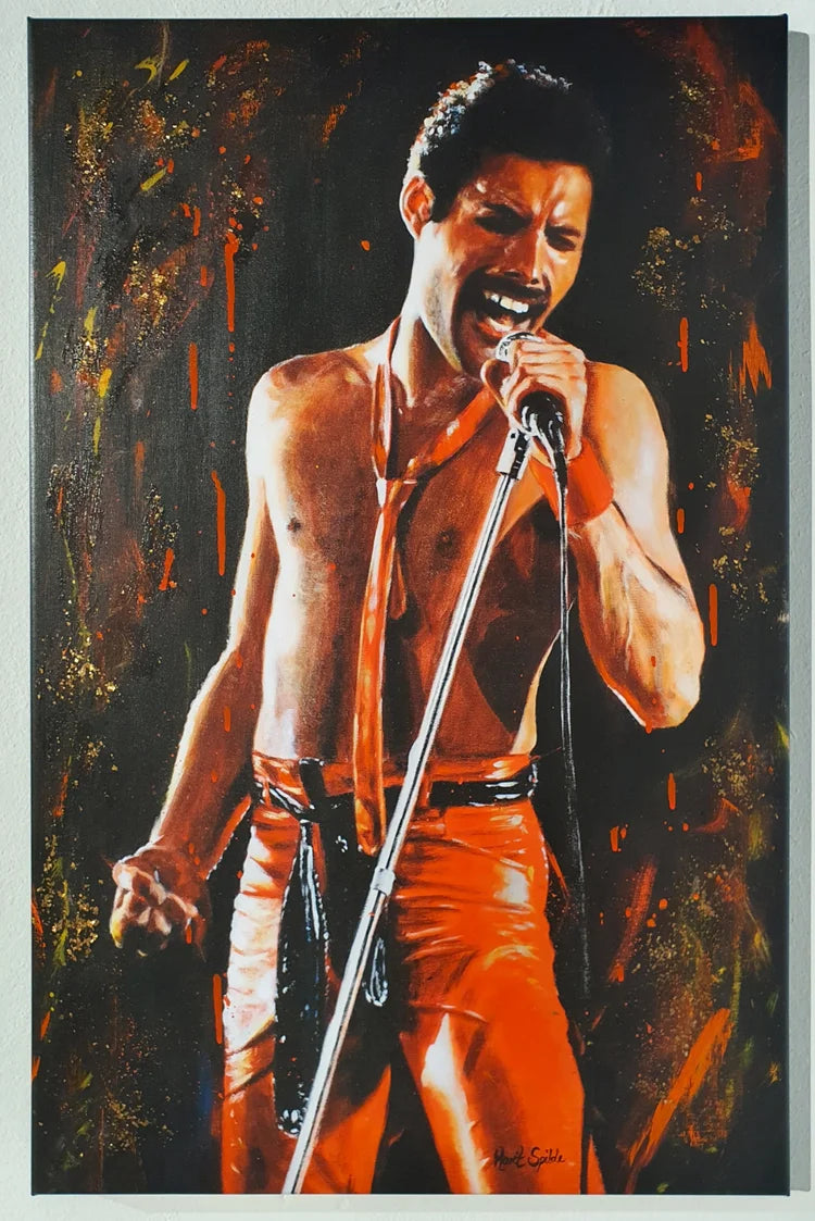 Freddie Mercury. Håndkolorert trykk på lerret. 55x85 cm.